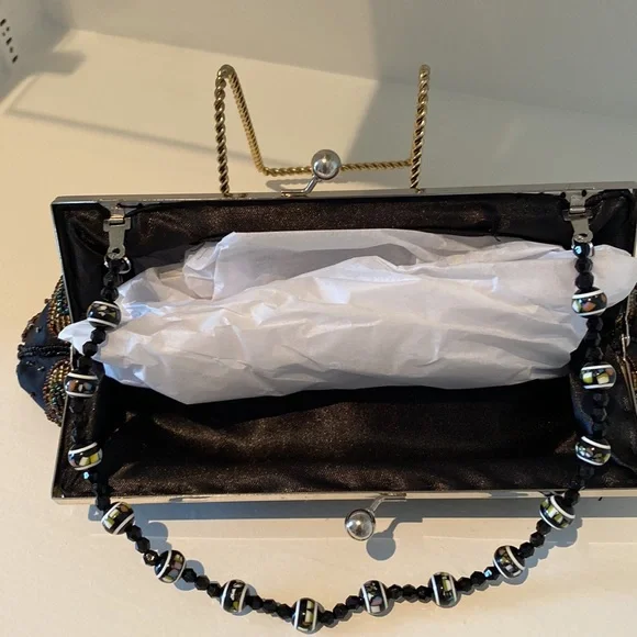 Artistically beaded & sequin clutch purse black evening bag - Picture 3 of 5